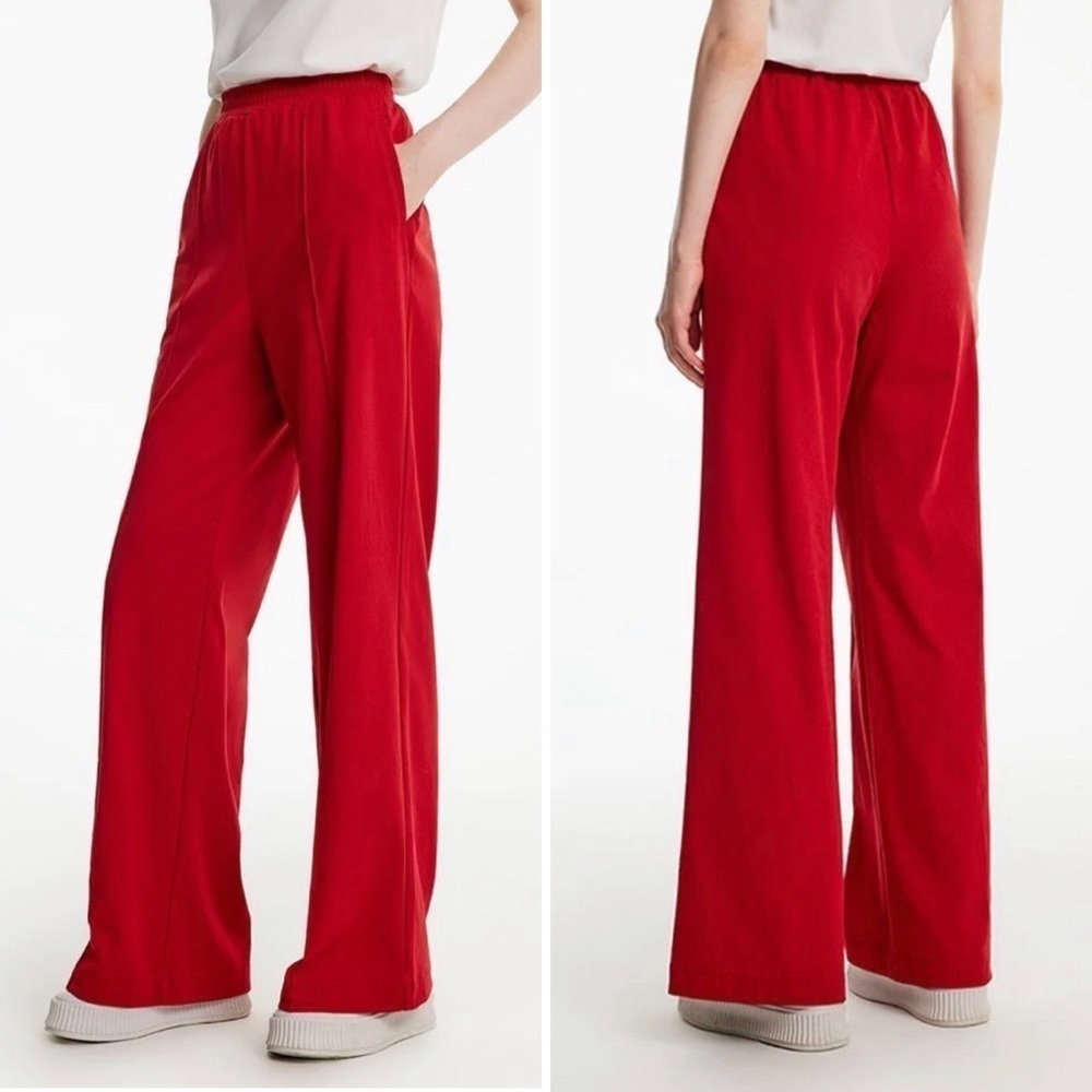 Red Wide-Leg Pull-On Pants with Elastic Waist